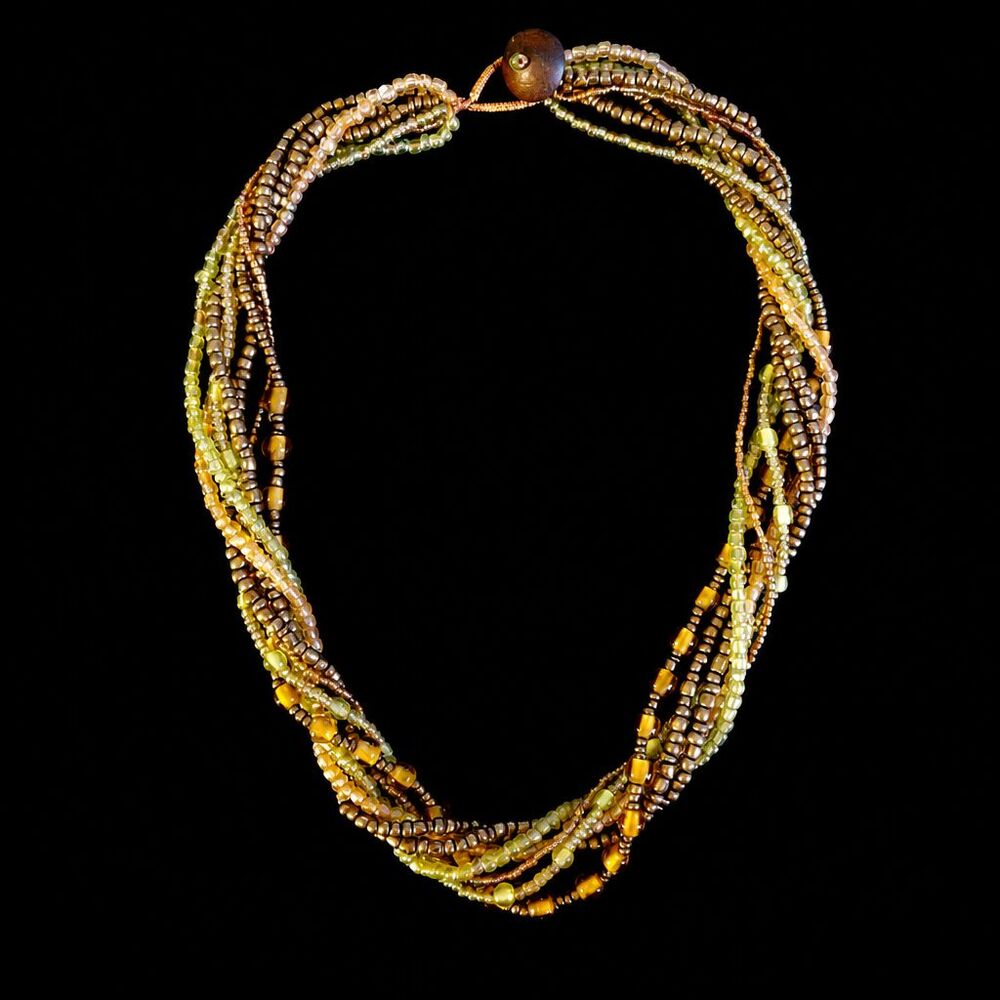 Vintage Inspired Handcrafted Multi-Strand Brown Green Gold Beaded 21" Necklace